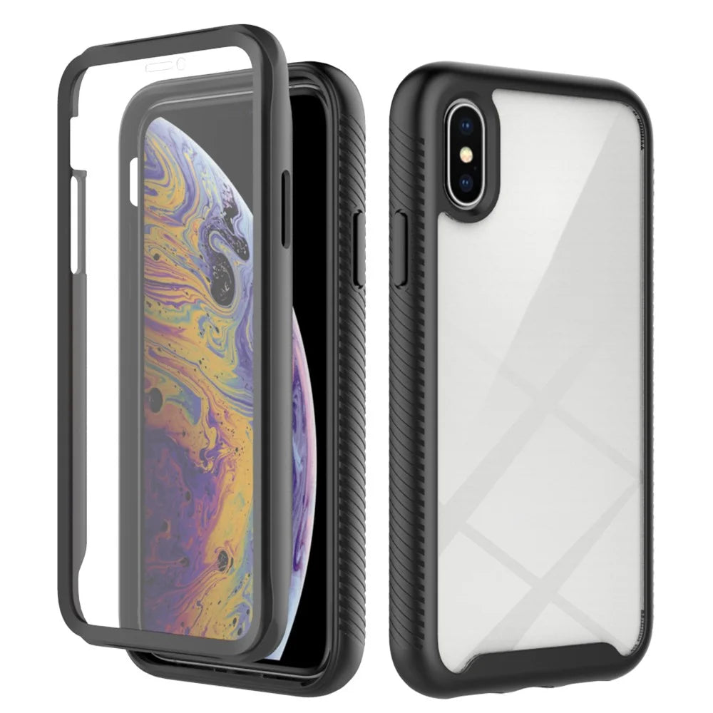 For iPhone XS Max 6.5 inch Anti-scratch Hard PC + Soft TPU Hybrid Cover Anti-drop Phone Case with PET Screen Protector - Black - 1