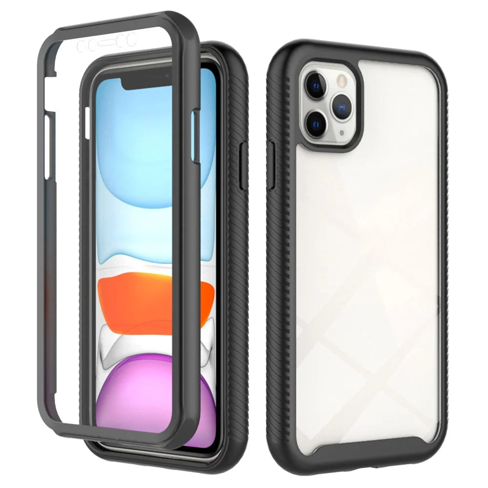 For iPhone 11 Pro Max 6.5 inch 3-in-1 Shockproof Phone Case PC Back + TPU Frame + PET Screen Protector Hybrid Cover - Black - 1