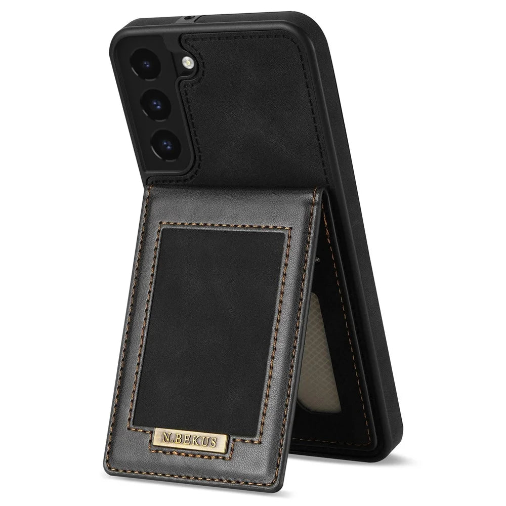 N.BEKUS RFID Blocking Back Cover Kickstand for Samsung Galaxy S21 FE 5G, Well-protected Vertical Phone Case Card Holder PU Leather+TPU Phone Shell - Black - 1