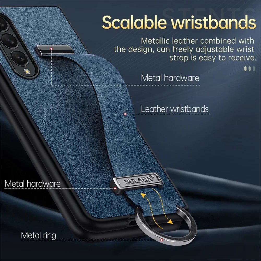 SULADA Fashion Series for Samsung Galaxy Z Fold4 5G Kickstand Design Anti-fingerprint Waxy Leather Coated PC Shell Electroplating Phone Case with Wristband - Red - 3