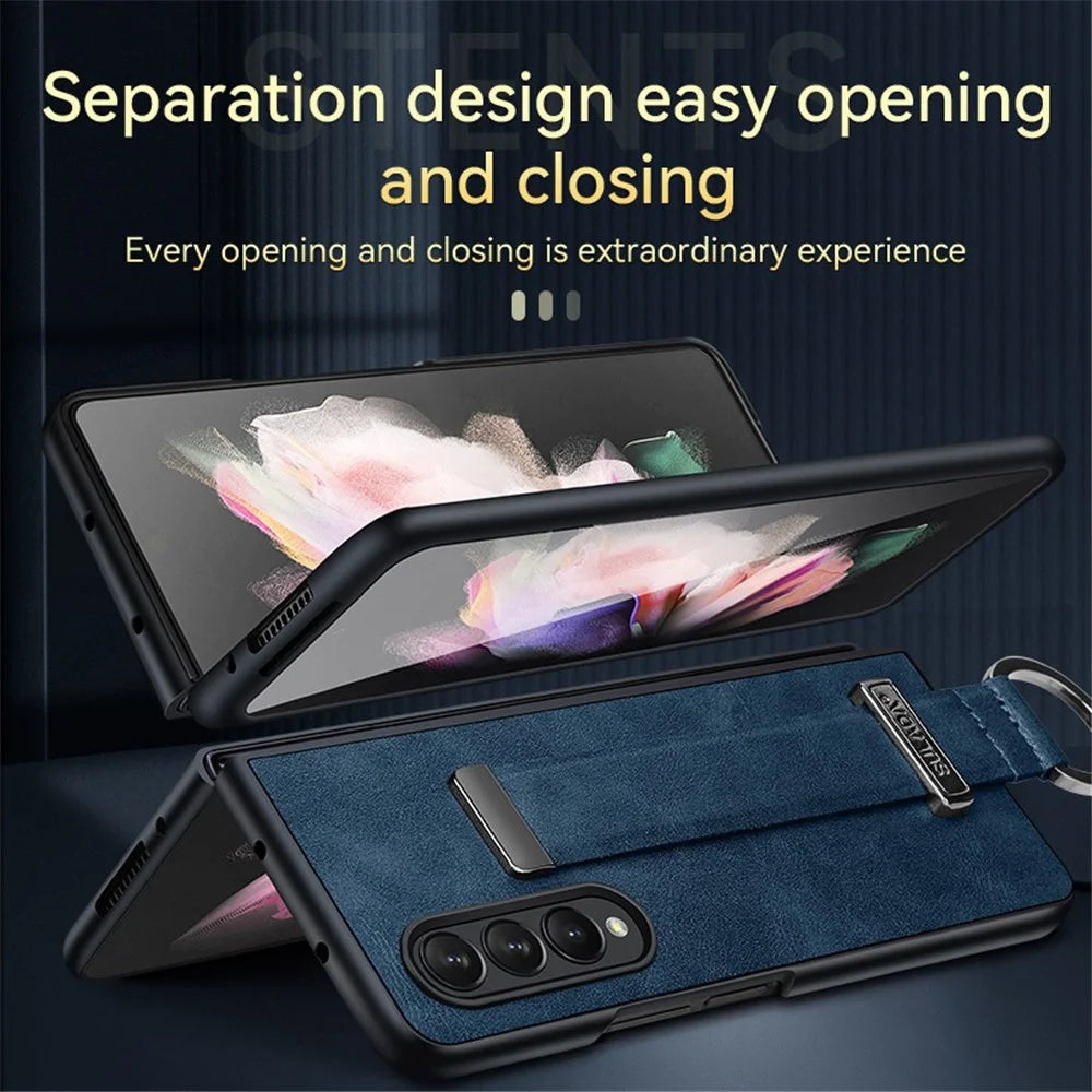 SULADA Fashion Series for Samsung Galaxy Z Fold4 5G Kickstand Design Anti-fingerprint Waxy Leather Coated PC Shell Electroplating Phone Case with Wristband - Red - 5