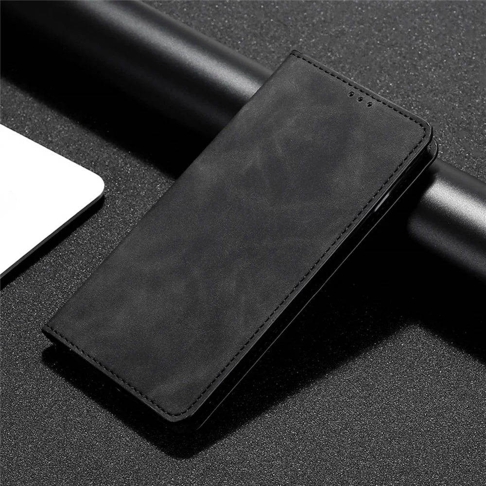 For OnePlus 10T 5G / Ace Pro 5G Skin-touch PU Leather Cover Stand Hidden Magnetic Adsorption Flip Card Slots Phone Case - Black - 5