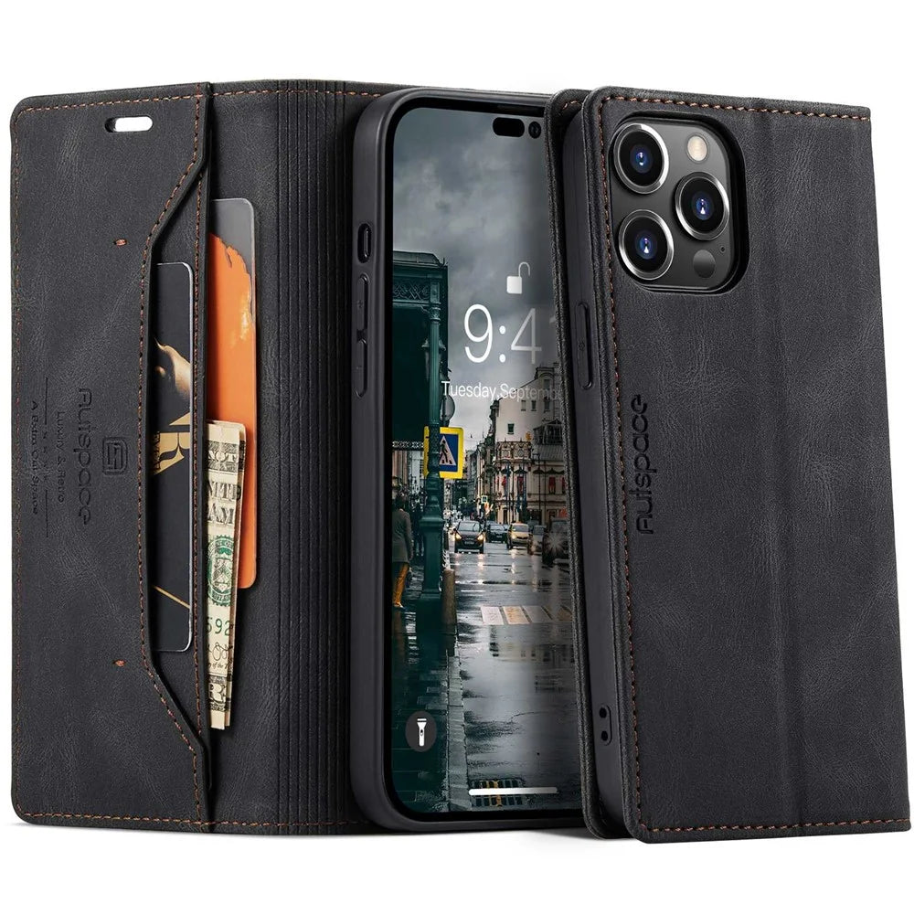 AUTSPACE A01 Series For iPhone 14 Pro Max 6.7 inch Retro Matte PU Leather Phone Full Protection Case RFID Blocking Cover with Stand Wallet - Black - 1