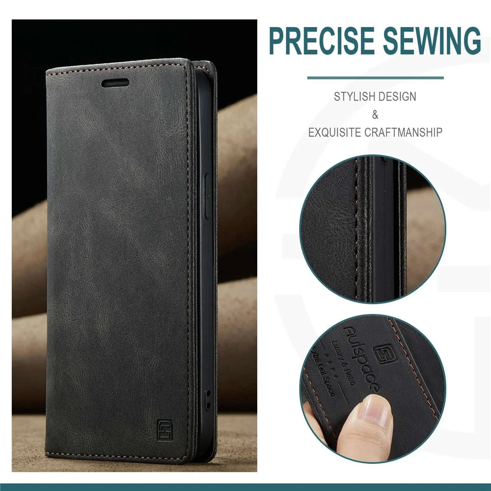 AUTSPACE A01 Series For iPhone 14 6.1 inch Mobile Phone Case Retro Matte PU Leather+TPU RFID Blocking Phone Stand Wallet Cover - Black - 6