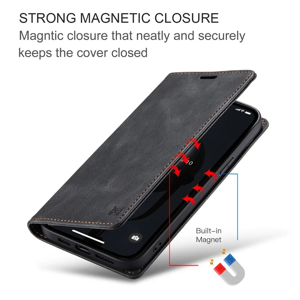 AUTSPACE A01 Series For iPhone 14 6.1 inch Mobile Phone Case Retro Matte PU Leather+TPU RFID Blocking Phone Stand Wallet Cover - Black - 7