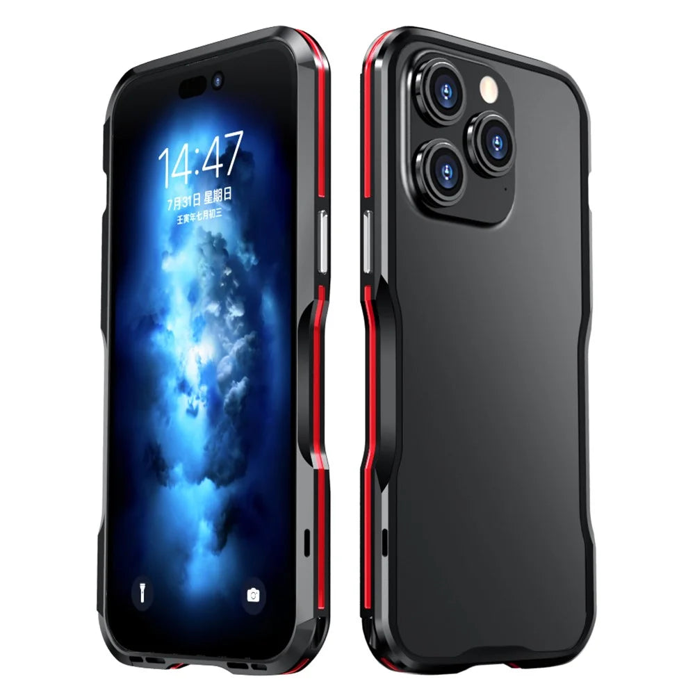 LUPHIE for iPhone 14 Pro 6.1 inch Anti-collision Anti-drop Phone Bumper Case Metal Protective Frame - Black / Red - 1