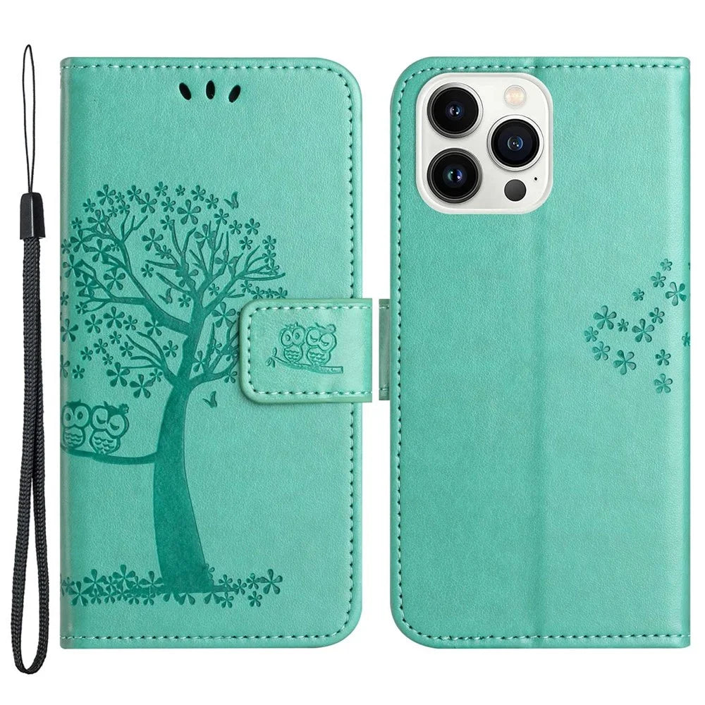 For iPhone 14 Pro Max 6.7 inch Shockproof Phone Case Imprinted Owl Tree Pattern PU Leather Wallet Cover Stand with Wrist Strap - Cyan - 1