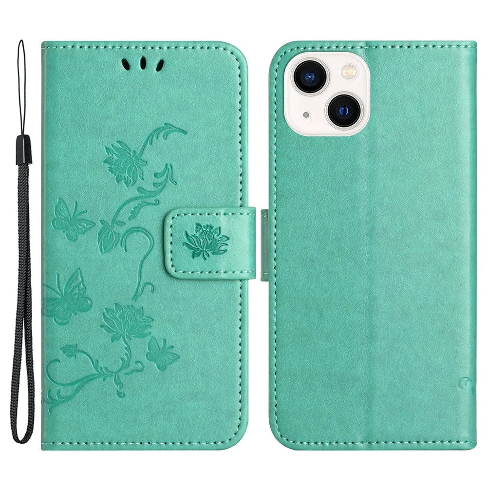 For iPhone 14 Plus Wallet Style Butterfly Flower Imprinted Anti-drop Case PU Leather Stand Feature Phone Shell with Strap - Green - 1