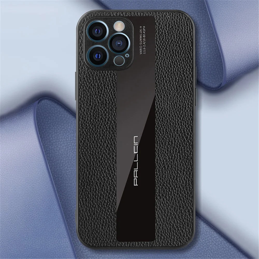 For iPhone 14 Plus Protective Case Anti-scratch Phone Cover Genuine Leather+TPU Phone Case - Black - 3