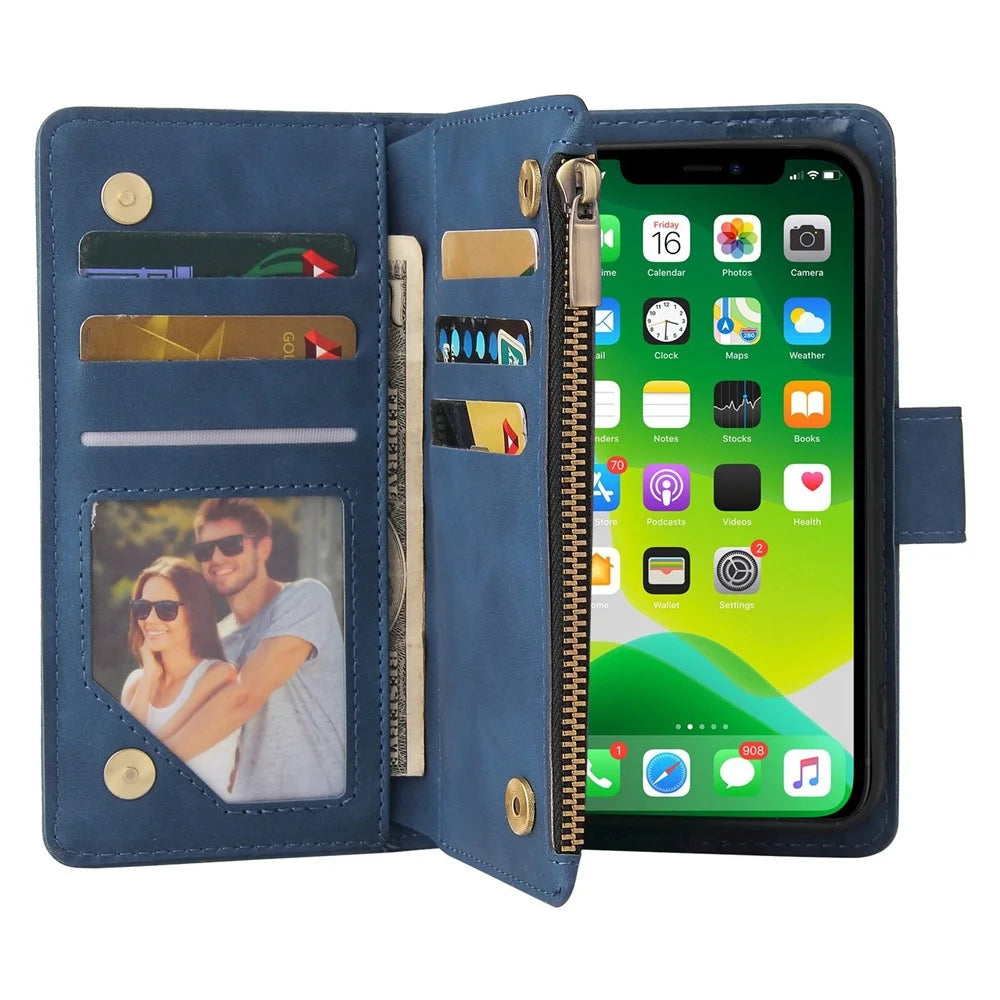 For iPhone 13 6.1 inch PU Leather Full Protection Phone Stand Cover Card Slots Wallet Protective Case with Zipper Pocket - Blue - 2