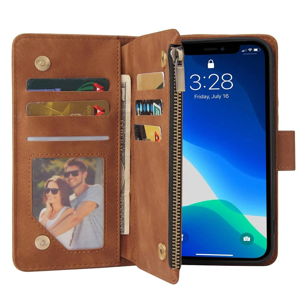 For iPhone 13 Pro 6.1 inch Zipper Pocket Design PU Leather Mobile Phone Wallet Stand Cover Multi Card Slots Drop-proof Case - Brown - 2