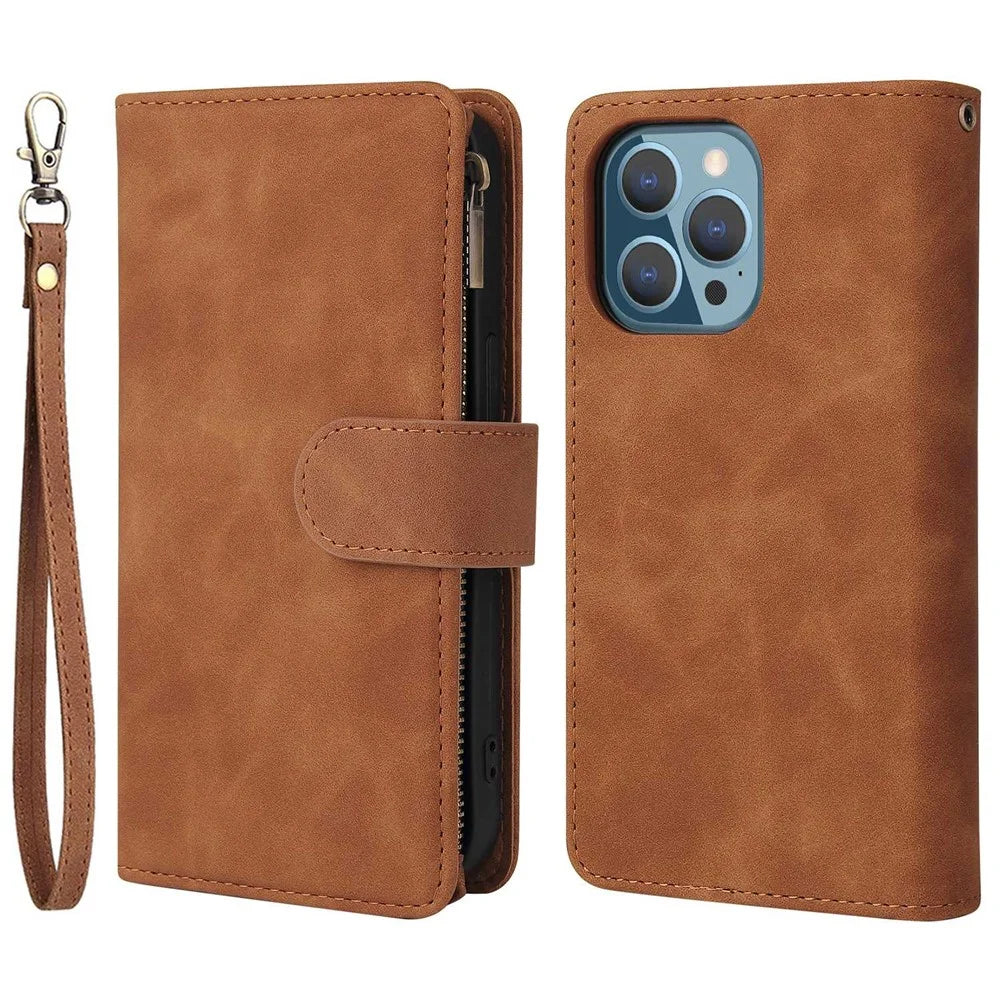 For iPhone 13 Pro Max 6.7 inch PU Leather Multi Card Slots Phone Wallet Stand Cover Zipper Pocket Design Anti-drop Case - Brown - 1