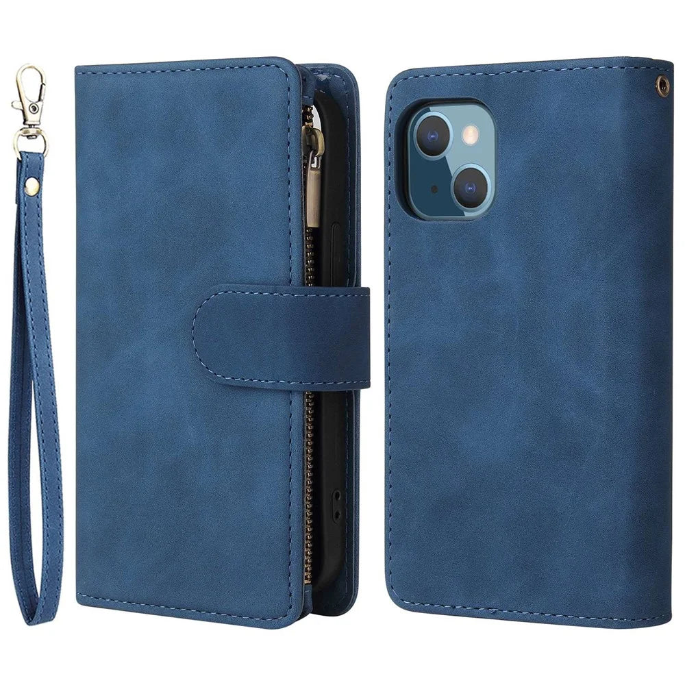 For iPhone 14 6.1 inch Zipper Pocket Design PU Leather Anti-drop Phone Cover Multiple Card Slots Wallet Stand Protective Case - Blue - 1