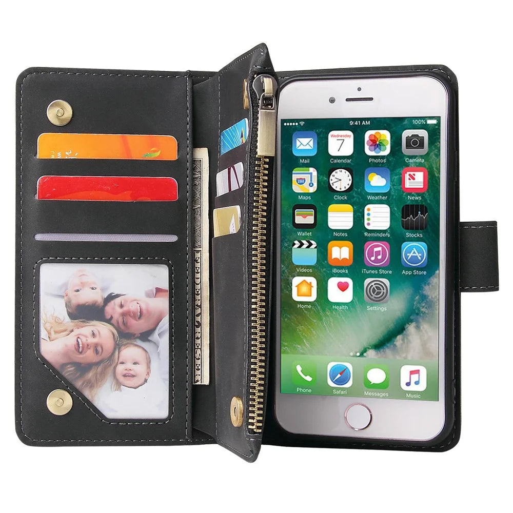 For iPhone 6 / 7 / 8 4.7 inch / SE (2020) / (2022) Multiple Card Slots Stand Case PU Leather Zipper Pocket Phone Wallet Cover - Black - 2