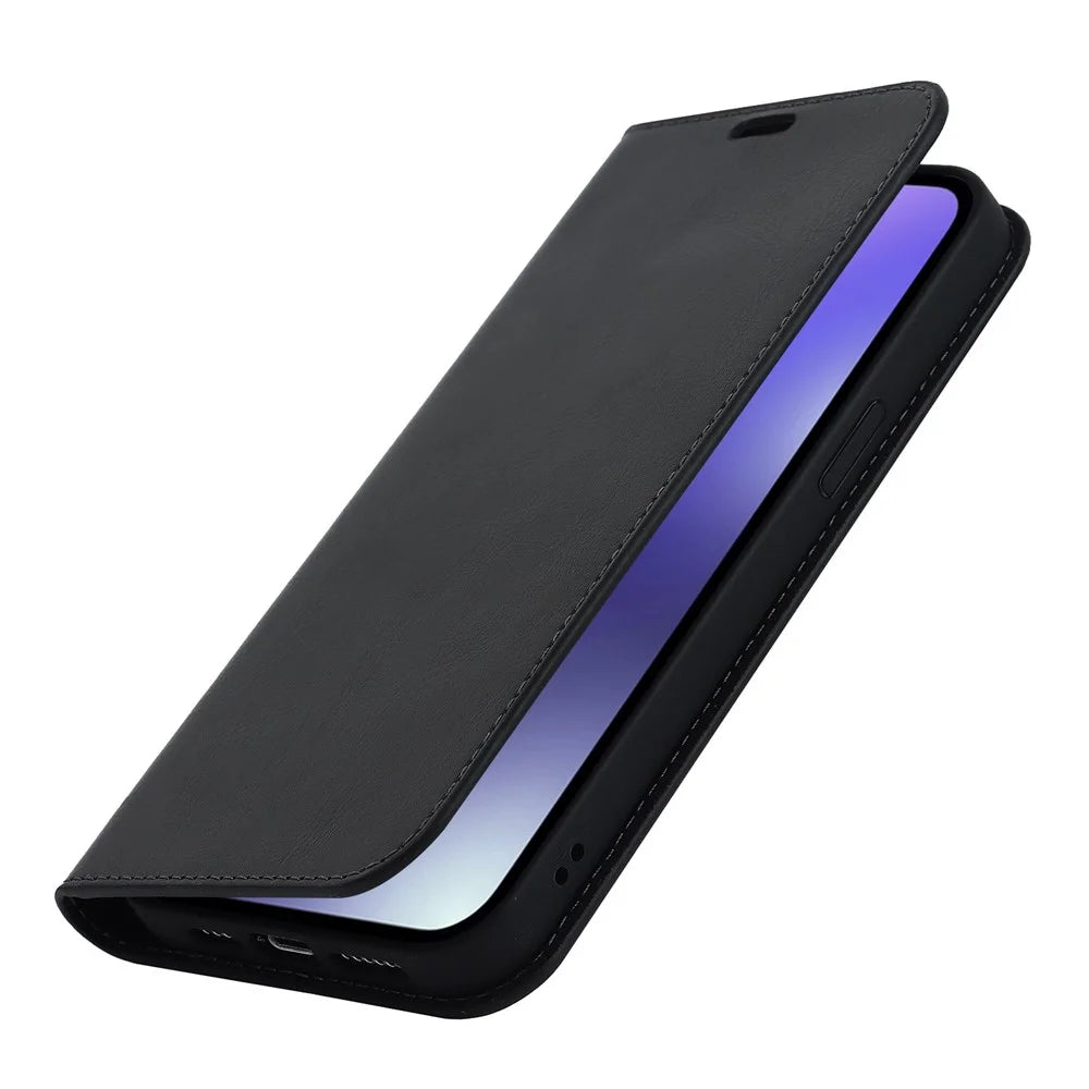 For iPhone 14 Pro 6.1 inch Genuine Leather Wallet Folio Case Crazy Horse Texture Magnetic Absorption Stand Cover - Black - 6