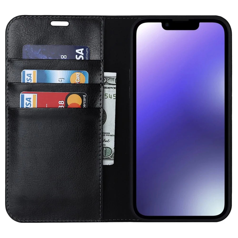 For iPhone 14 6.1 inch Genuine Leather Magnetic Absorption Phone Case Crazy Horse Texture Shockproof TPU Interior Shell Flip Stand Wallet Cover - Black - 2
