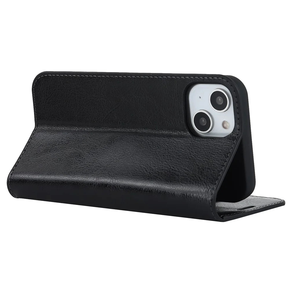 For iPhone 14 6.1 inch Genuine Leather Magnetic Absorption Phone Case Crazy Horse Texture Shockproof TPU Interior Shell Flip Stand Wallet Cover - Black - 4