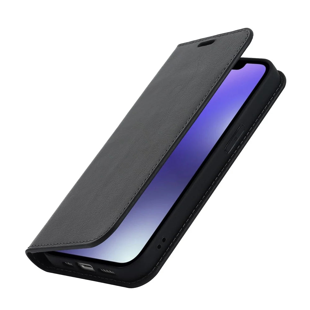 For iPhone 14 6.1 inch Genuine Leather Magnetic Absorption Phone Case Crazy Horse Texture Shockproof TPU Interior Shell Flip Stand Wallet Cover - Black - 6