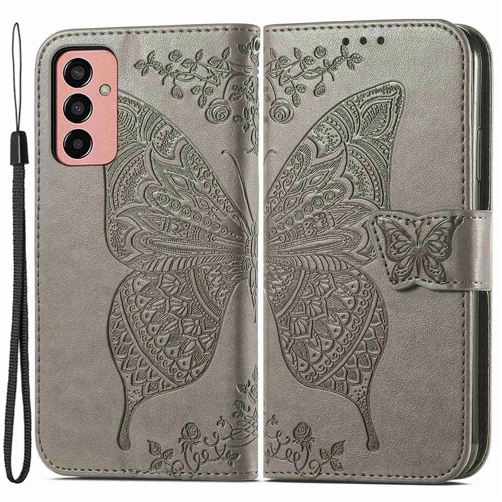 For Samsung Galaxy M13 4G PU Leather Stand Wallet Case Collision Proof Imprinted Butterfly Pattern Cell Phone Cover - Grey - 1