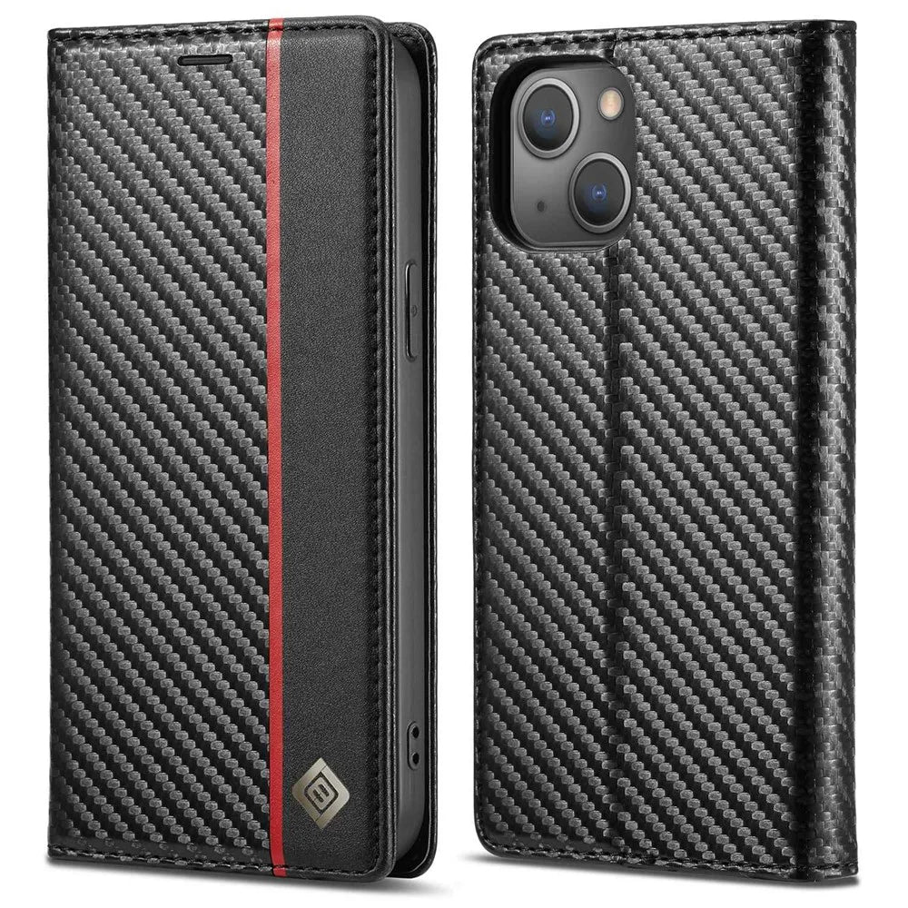 LC.IMEEKE for iPhone 14 6.1 inch Carbon Fiber Texture PU Leather Phone Wallet Stand Case Magnetic Auto Closing Protective Cover - Vertical Stripe - 1