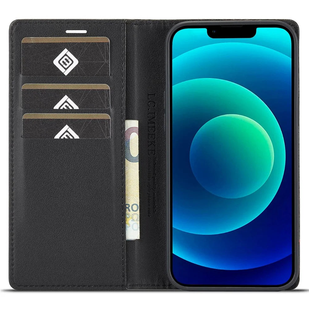 LC.IMEEKE for iPhone 14 6.1 inch Carbon Fiber Texture PU Leather Phone Wallet Stand Case Magnetic Auto Closing Protective Cover - Vertical Stripe - 2