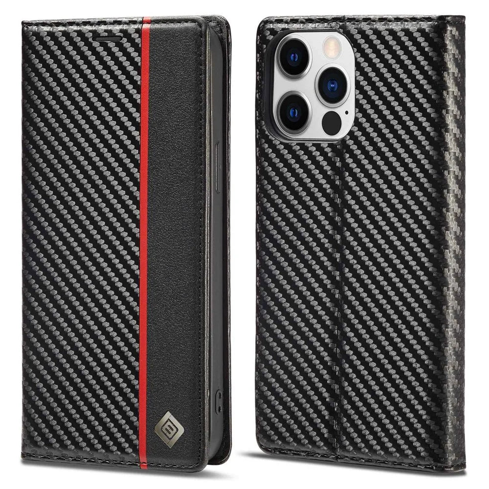 LC.IMEEKE for iPhone 14 Pro Max 6.7 inch Carbon Fiber Texture PU Leather Phone Shockproof Case Magnetic Auto Closing Flip Stand Wallet Cover - Vertical Stripe - 1
