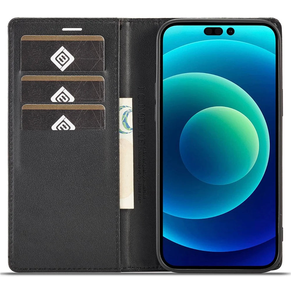 LC.IMEEKE for iPhone 14 Pro Max 6.7 inch Carbon Fiber Texture PU Leather Phone Shockproof Case Magnetic Auto Closing Flip Stand Wallet Cover - Vertical Stripe - 2