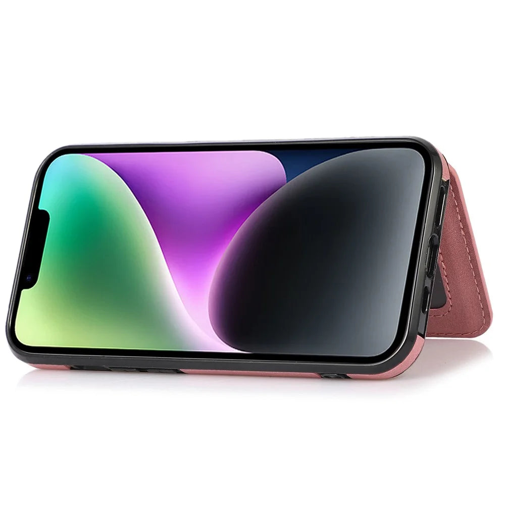 For iPhone 14 Plus Card Slots Kickstand PU Leather + TPU Phone Case Shockproof Anti-scratch Cover with Magnetic Car Mount Metal Sheet - Rose Gold - 3