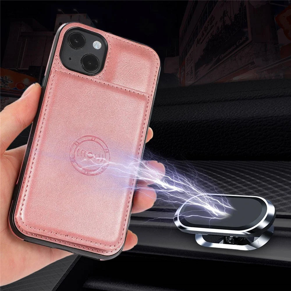 For iPhone 14 Plus Card Slots Kickstand PU Leather + TPU Phone Case Shockproof Anti-scratch Cover with Magnetic Car Mount Metal Sheet - Rose Gold - 6