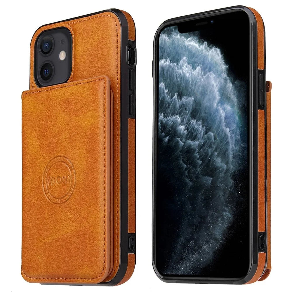 For iPhone 12 6.1 inch / 12 Pro 6.1 inch PU Leather + TPU Phone Protective Case Card Holder Kickstand Back Cover with Magnetic Car Mount Metal Sheet - Brown - 1