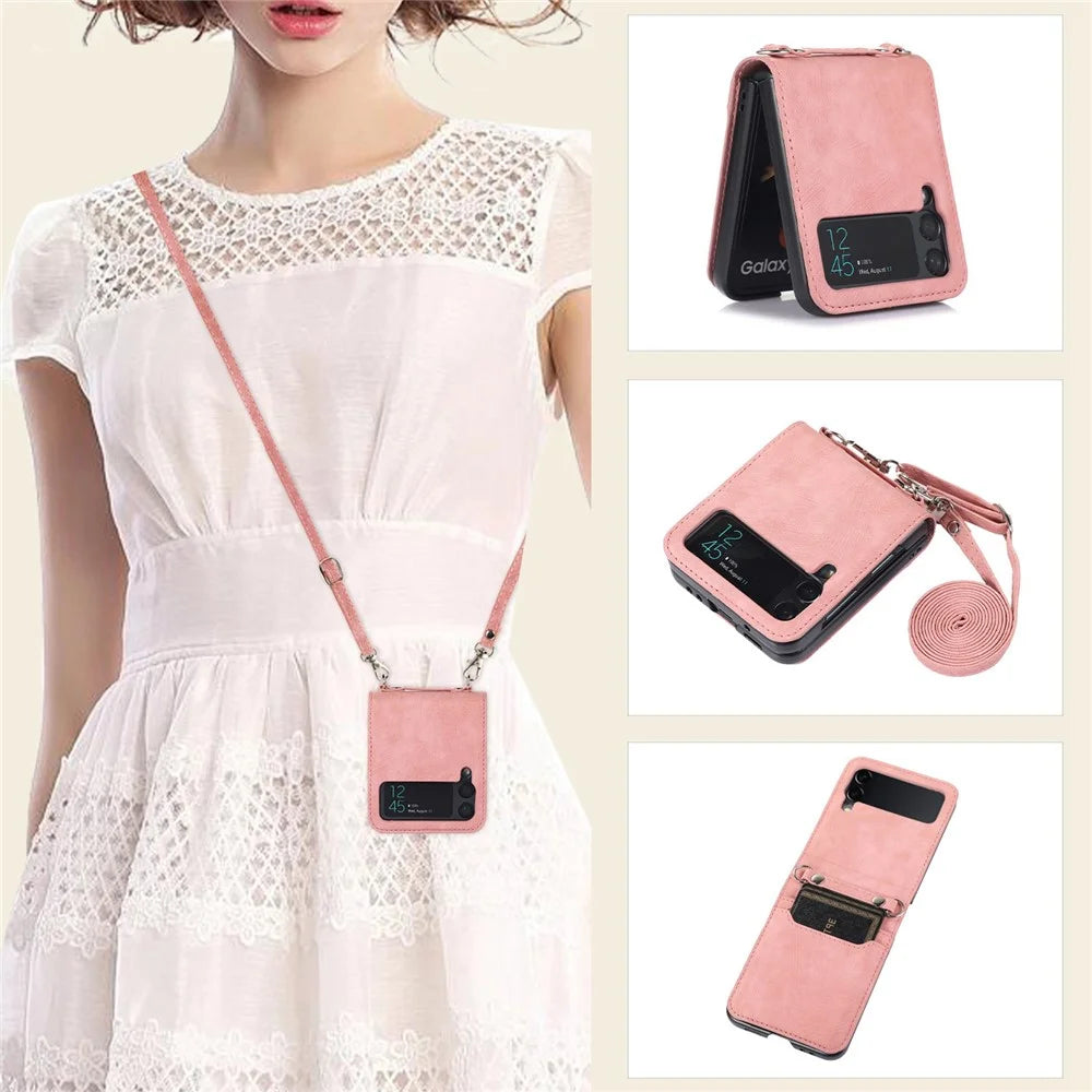 For Samsung Galaxy Z Flip4 5G Protective Phone Cover Card Holder Design Anti-wear PU Leather + PC Phone Case with Long Lanyard - Pink - 3