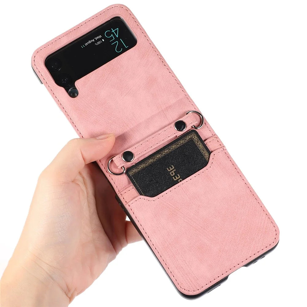 For Samsung Galaxy Z Flip4 5G Protective Phone Cover Card Holder Design Anti-wear PU Leather + PC Phone Case with Long Lanyard - Pink - 6