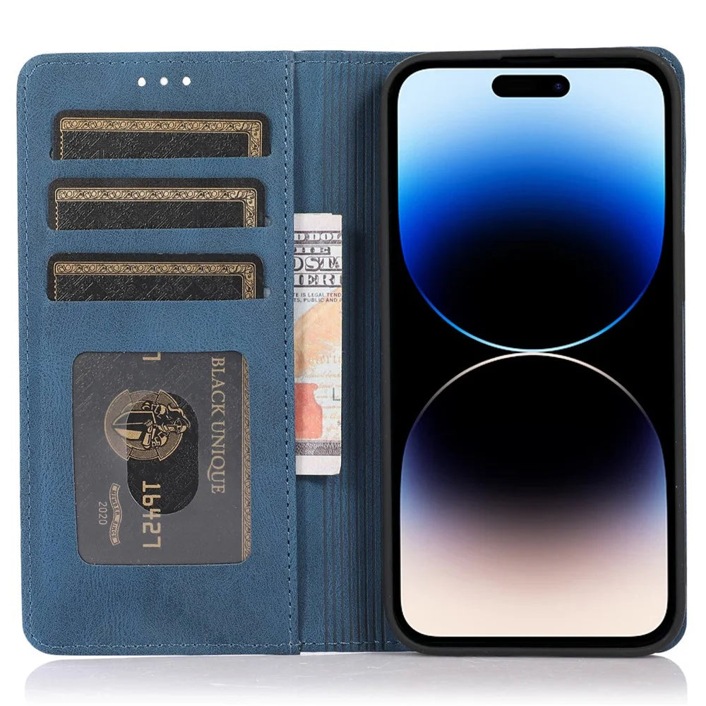 For iPhone 14 Pro 6.1 inch PU Leather Phone Case Shockproof Magnetic Adsorption Stand Wallet Shell - Blue - 2