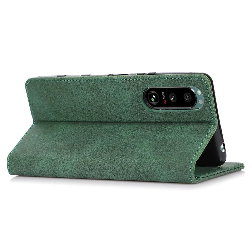 For Sony Xperia 5 III 5G Shockproof Case PU Leather Wallet Phone Shell Magnetic Closure Stand Cover - Green - 4