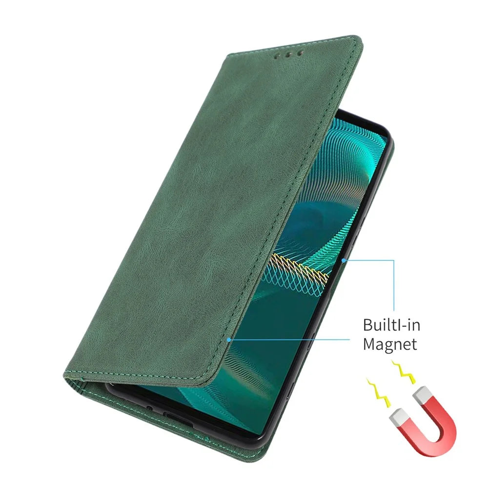 For Sony Xperia 5 III 5G Shockproof Case PU Leather Wallet Phone Shell Magnetic Closure Stand Cover - Green - 5
