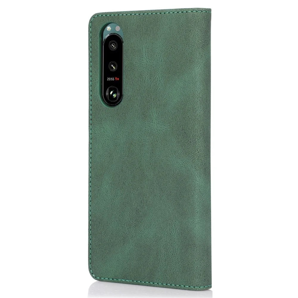 For Sony Xperia 5 III 5G Shockproof Case PU Leather Wallet Phone Shell Magnetic Closure Stand Cover - Green - 7