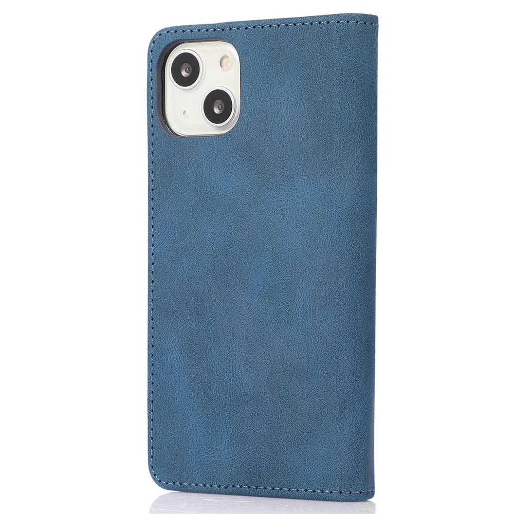 For iPhone 14 6.1 inch Wallet Phone Case Magnetic Closure PU Leather Anti-Drop Cover with Stand - Blue - 7