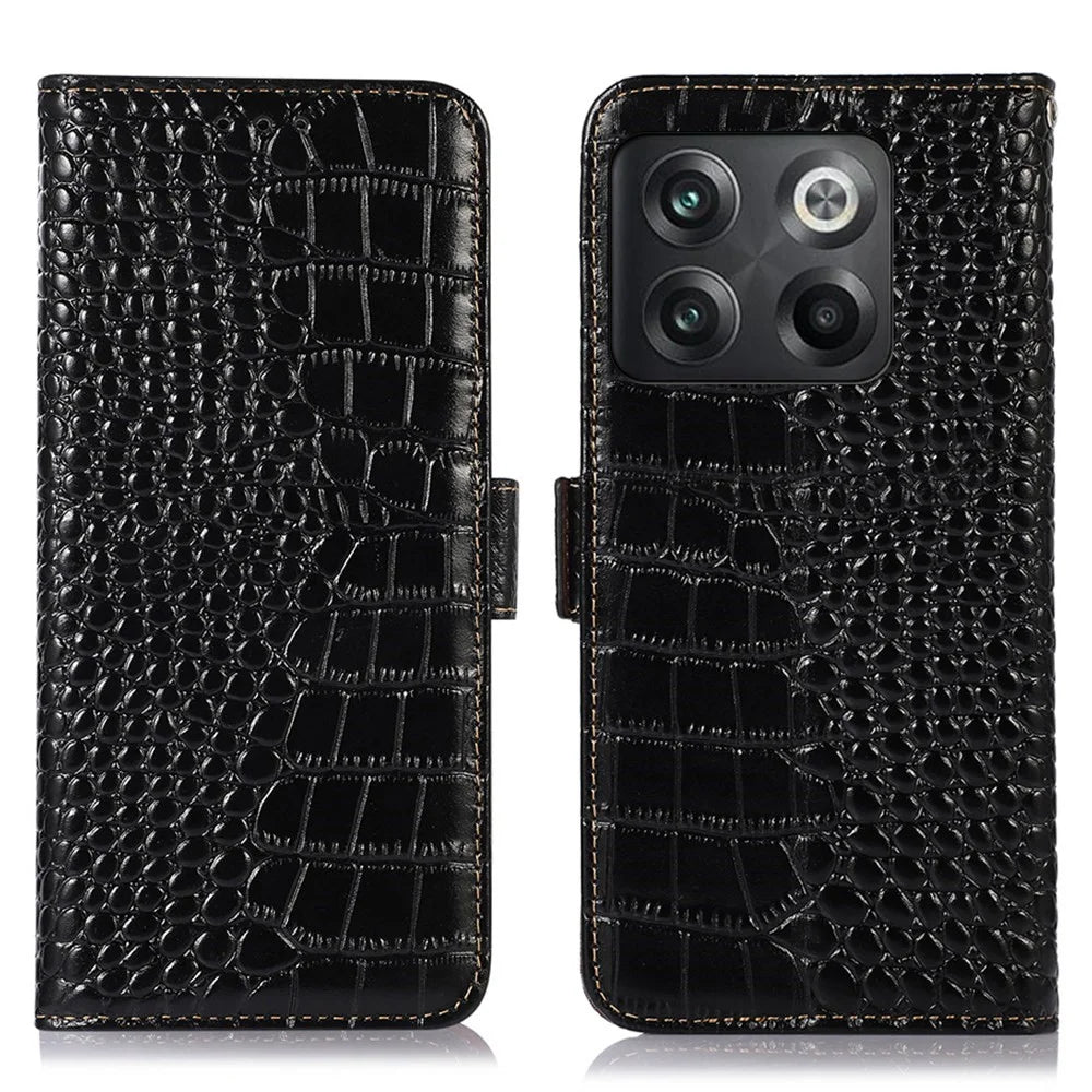 For OnePlus 10T 5G / Ace Pro 5G Anti-fall Crocodile Texture Case RFID Blocking Genuine Cowhide Leather Well-protected Wallet Phone Cover - Black - 1