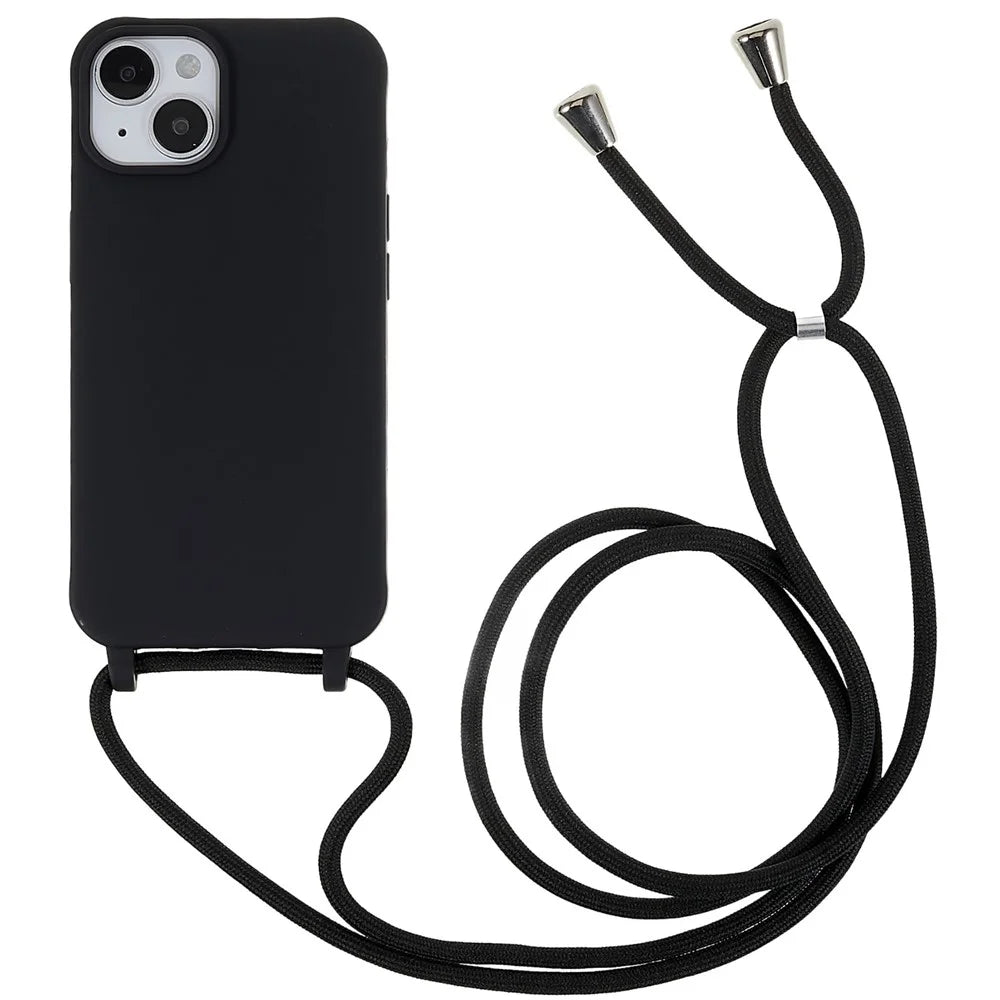 For iPhone 14 Plus Integrated TPU Phone Back Case Anti-scratch Anti-drop Cover with Lanyard - Black - 1
