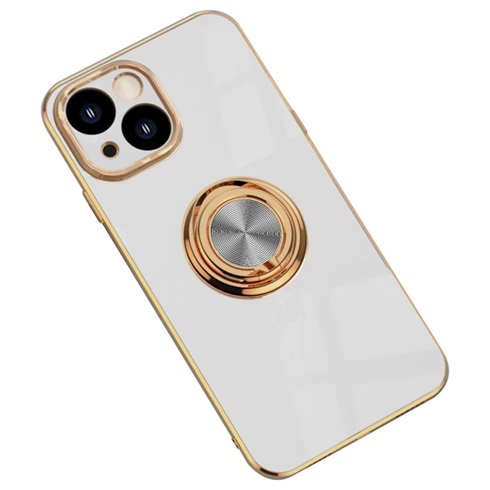 Precise Cutout Soft TPU Phone Case For iPhone 14 6.1 inch, Ring Holder Kickstand 9D Electroplating Mobile Phone Back Cover - White - 1