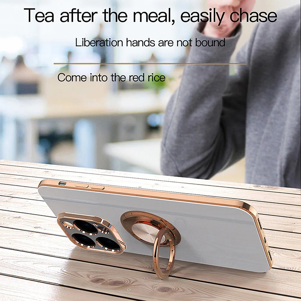 Precise Cutout Soft TPU Phone Case For iPhone 14 6.1 inch, Ring Holder Kickstand 9D Electroplating Mobile Phone Back Cover - White - 3