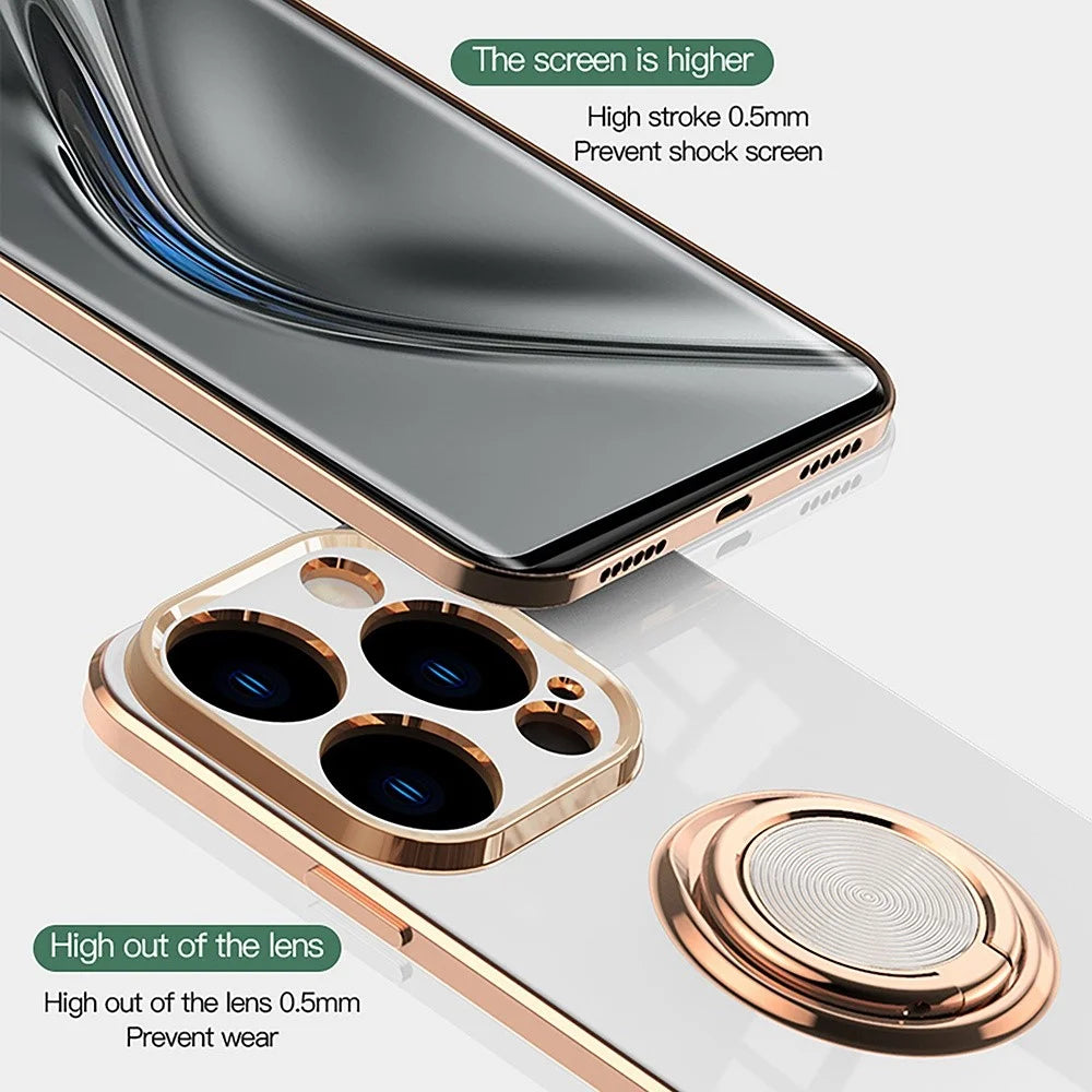 Precise Cutout Soft TPU Phone Case For iPhone 14 6.1 inch, Ring Holder Kickstand 9D Electroplating Mobile Phone Back Cover - White - 6