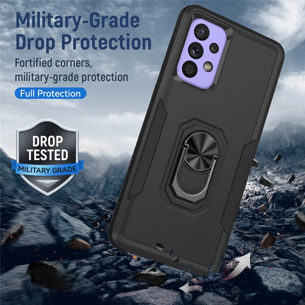 For Samsung Galaxy A33 5G PC + TPU Phone Protective Case Rotating Ring Kickstand Anti-drop Back Cover Support Magnetic Car Mount - Black / Black - 6