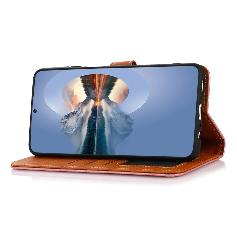 KHAZNEH for OnePlus 10T 5G / Ace Pro 5G Golden Magnetic Buckle Phone Cover, Dual Color Stand Function Wallet PU Leather Case - Rose Gold - 3