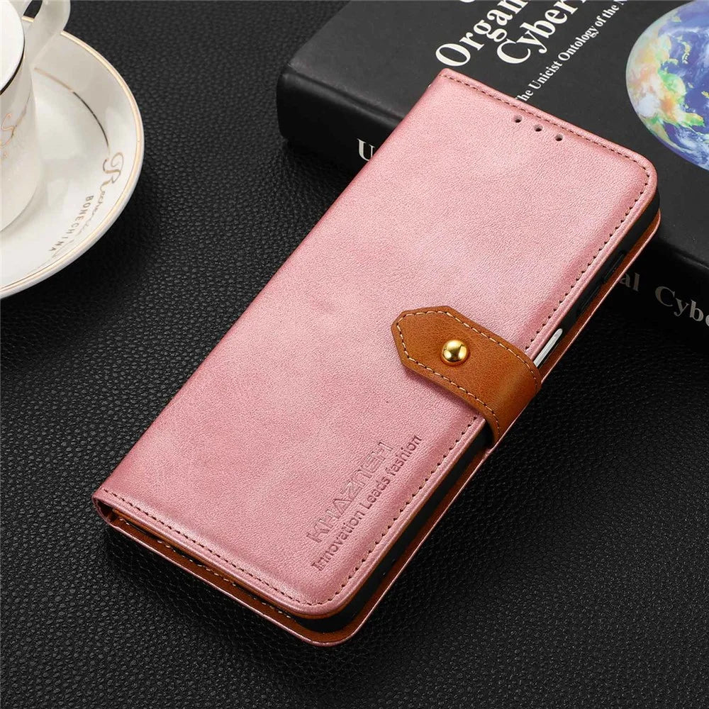 KHAZNEH for OnePlus 10T 5G / Ace Pro 5G Golden Magnetic Buckle Phone Cover, Dual Color Stand Function Wallet PU Leather Case - Rose Gold - 6
