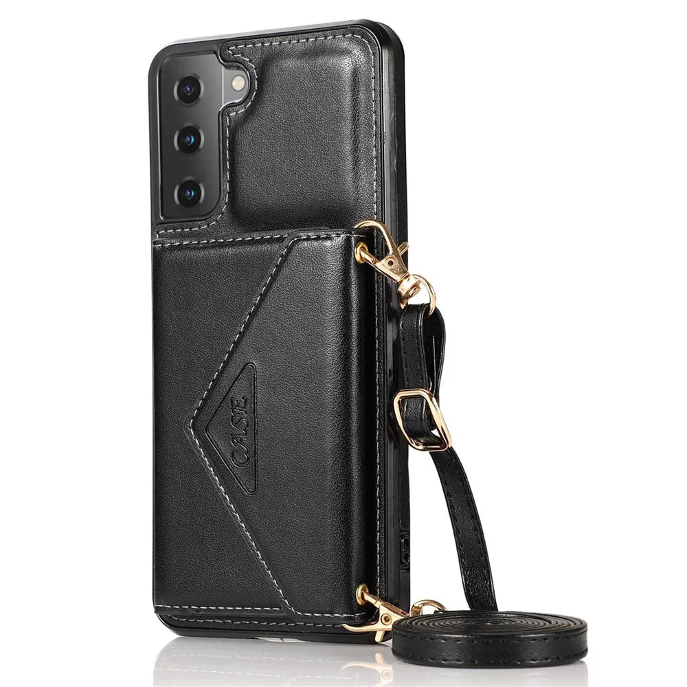 For Samsung Galaxy S22+ 5G Card Holder Kickstand Leather Coated TPU Case Crossbody Phone Bag Cover with Shoulder Strap - Black - 1