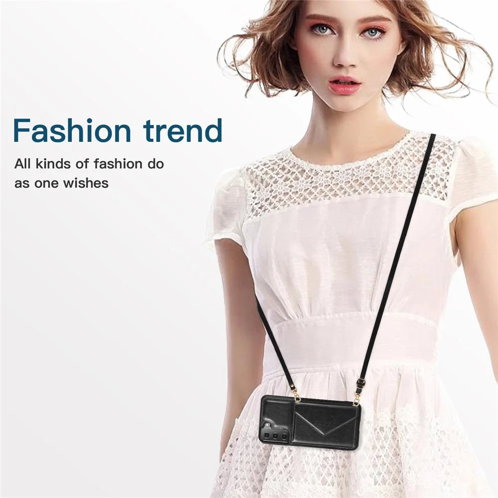 For Samsung Galaxy S22+ 5G Card Holder Kickstand Leather Coated TPU Case Crossbody Phone Bag Cover with Shoulder Strap - Black - 6