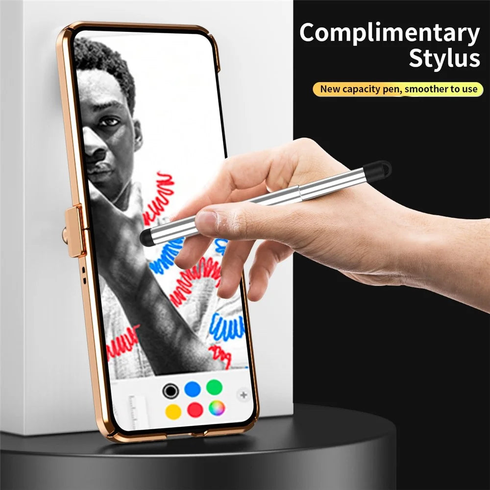 For Samsung Galaxy Z Flip4 5G Litchi Texture Electroplating Phone Case Double Hinge Design Leather Coated PC Cover with Stylus Pen - Gold / Pink - 3