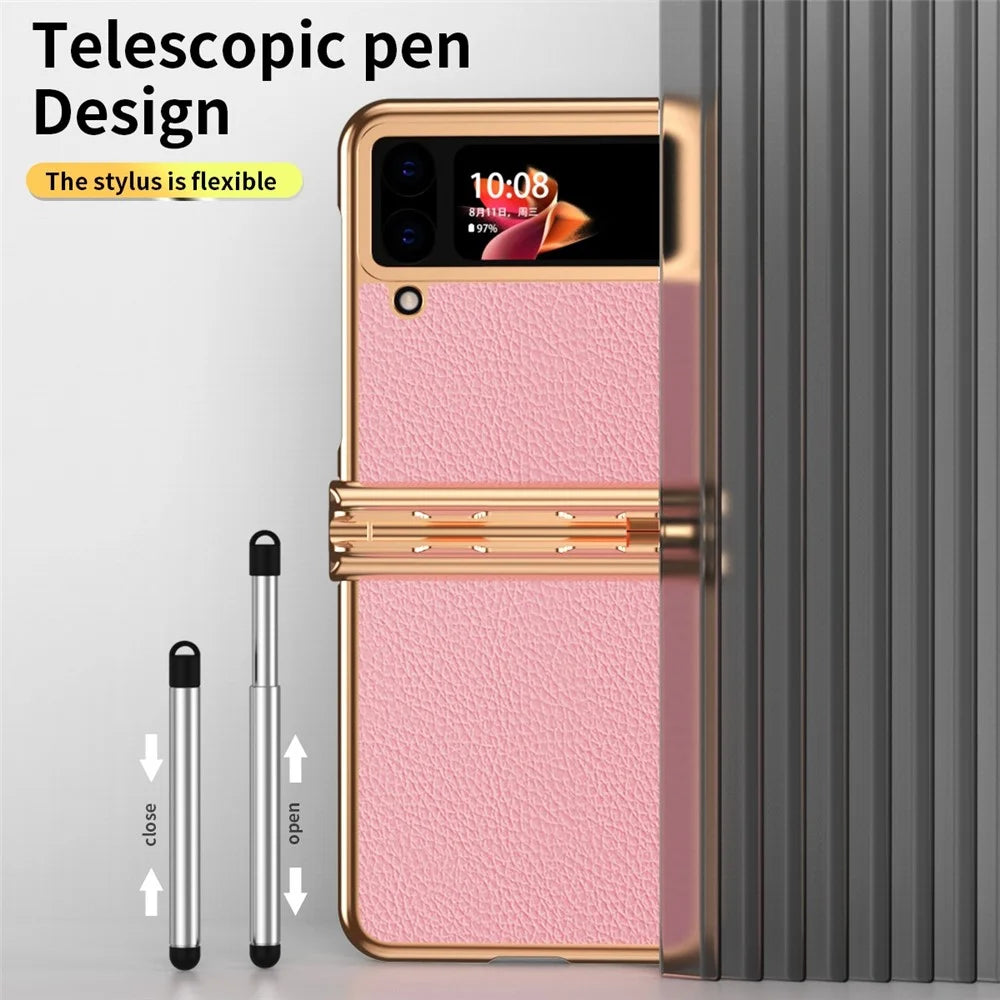 For Samsung Galaxy Z Flip4 5G Litchi Texture Electroplating Phone Case Double Hinge Design Leather Coated PC Cover with Stylus Pen - Gold / Pink - 4
