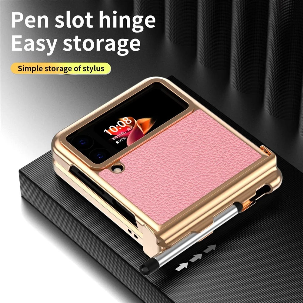 For Samsung Galaxy Z Flip4 5G Litchi Texture Electroplating Phone Case Double Hinge Design Leather Coated PC Cover with Stylus Pen - Gold / Pink - 6